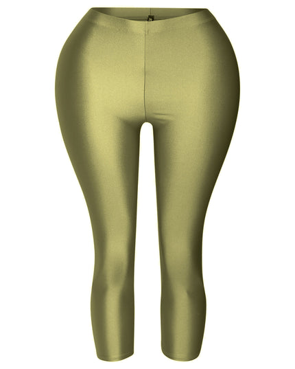 Olive green liquid-look capri leggings with high waist and curve-hugging fit

