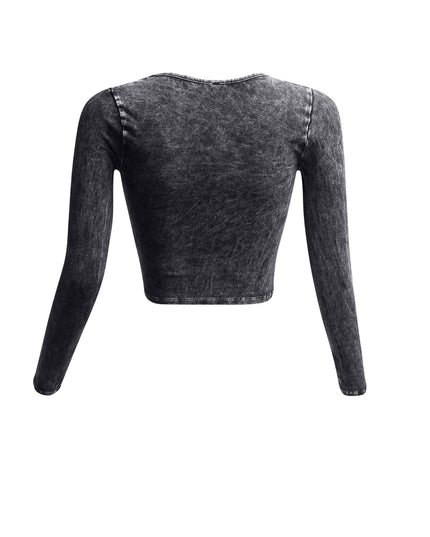 Back view of black vintage wash crop top showcasing long sleeves.