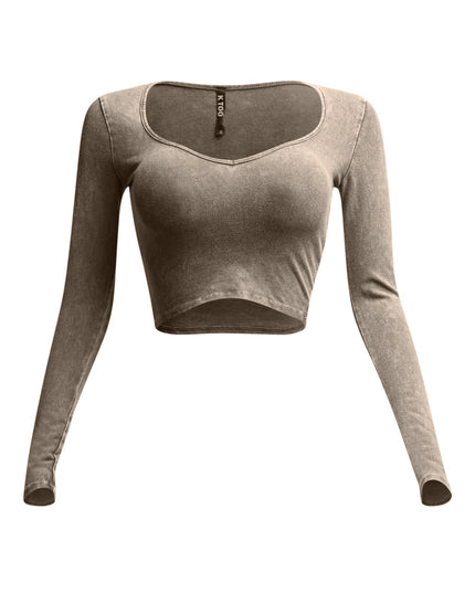Front view of beige vintage wash long sleeve crop top with V-neckline.