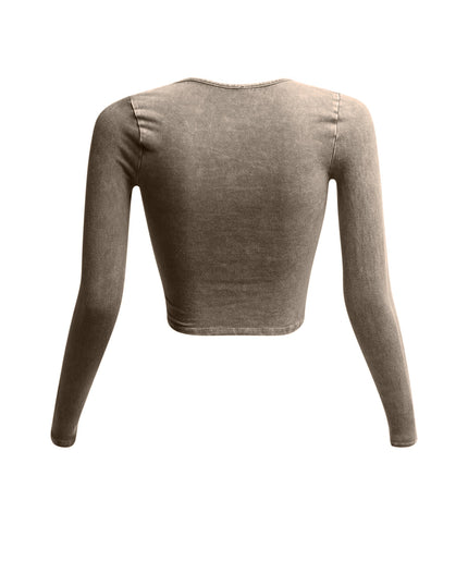 Back view of beige vintage wash crop top with fitted long sleeves.