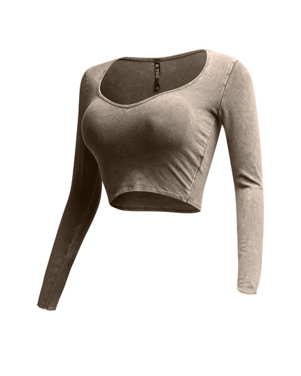 Left side view of beige vintage wash long sleeve crop top with a form-flattering fit.