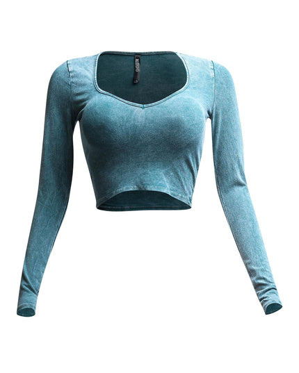 Front view of teal vintage wash long sleeve crop top with V-neckline.