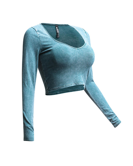 Right side view of teal vintage wash crop top with sleek, form-fitting sleeves.