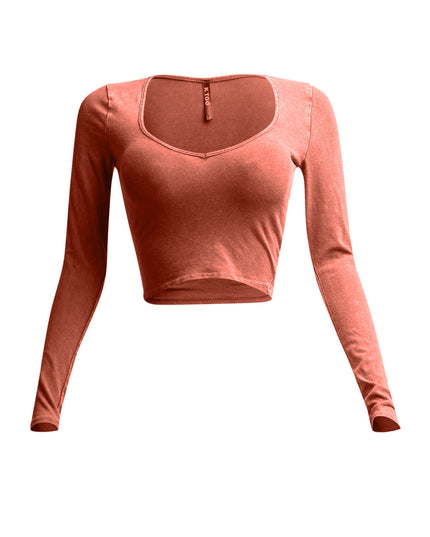 Front view of rust vintage wash long sleeve crop top with V-neckline.