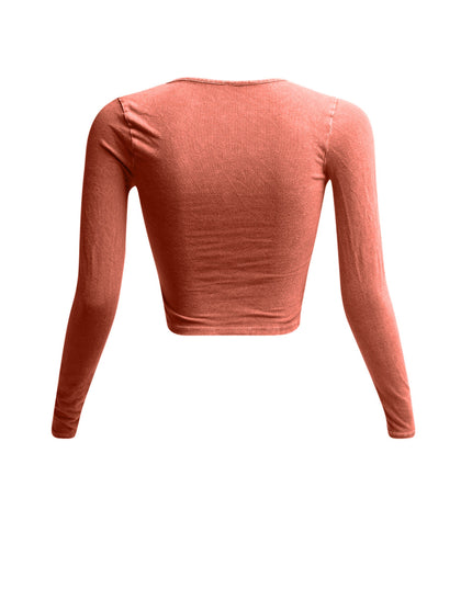 Back view of rust vintage wash crop top showcasing the long sleeves.