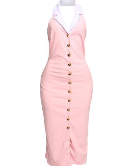 Baby pink midi dress with white collar and gold buttons styled for soft girl spring fashion aesthetic