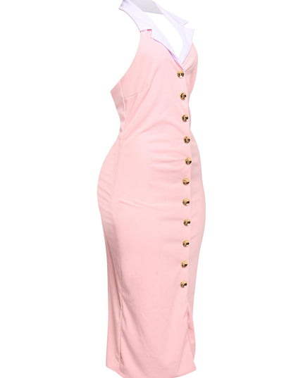 Pink bodycon dress featuring contrast collar and luxe gold detailing styled with minimal glam accessories