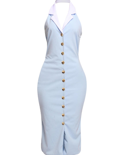 Baby blue contrast collar midi dress with gold button accents styled for dreamy spring statement looks