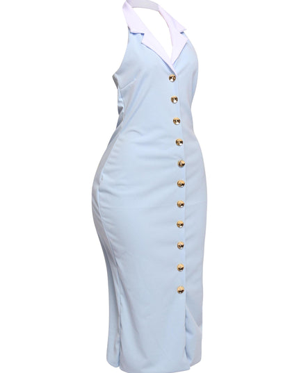 Light blue stretch midi dress featuring white collar and deep neckline styled with silver accessories and soft glam