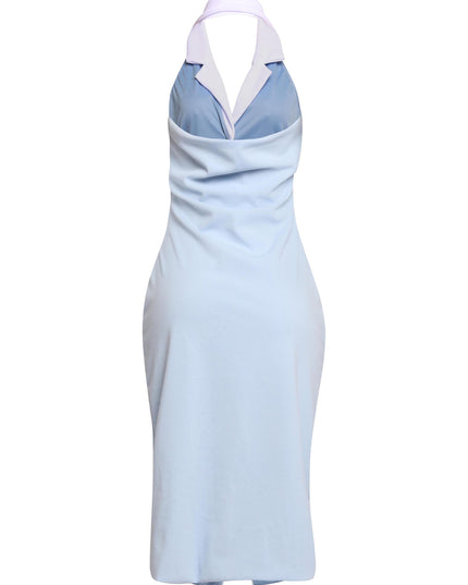 Baby blue open back dress with fitted silhouette styled for outdoor events and daytime parties