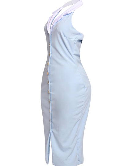 Soft blue midi dress with polished gold buttons and white collar styled for effortless elevated femininity