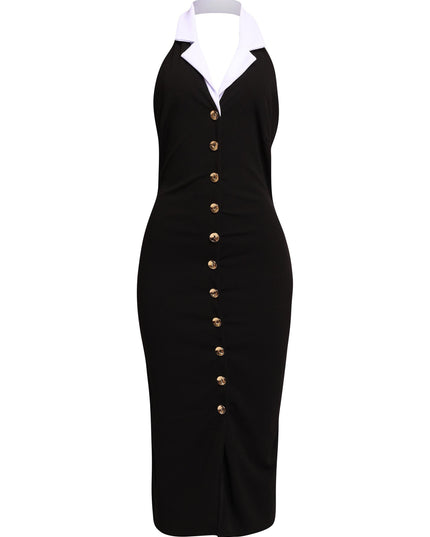 Black contrast collar midi dress with gold buttons and open back styled for chic evening wear in 2025