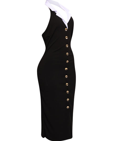 Black fitted bodycon dress featuring white collar gold buttons and a plunging neckline styled with sleek hair and heels