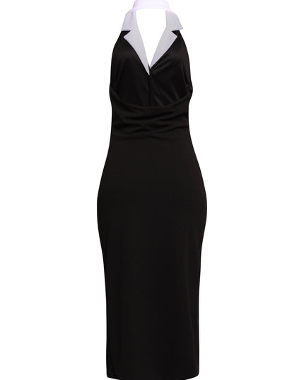 Black midi dress with open back design and structured stretch fit styled for elegant night out look