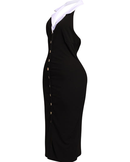 Fitted black midi dress with contrast collar and bold gold accents styled for confident after dark energy
