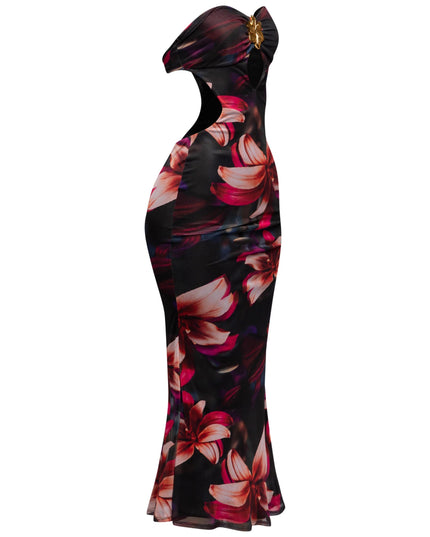 Black strapless mesh midi with pink lilies and sculpted cutout waist

