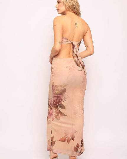 Sheer mesh rose print dress with adjustable back tie and midi length

