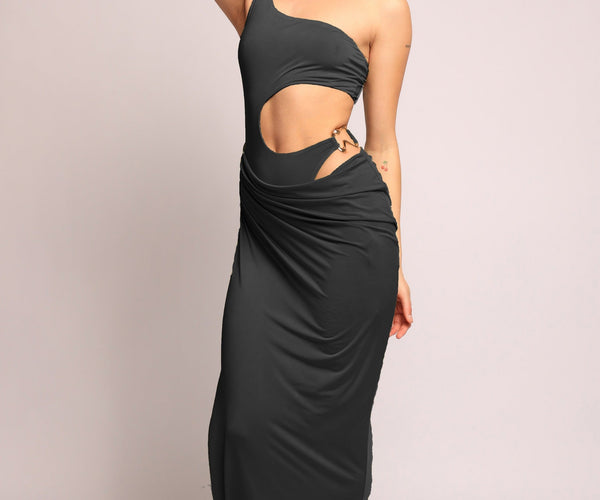 Asymmetric Cut-Out Maxi Dress with Draped Detail. Asymmetric Cut-Out Maxi Dress with Draped Detail.