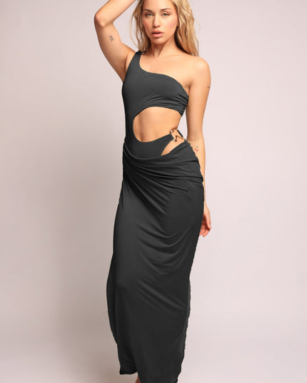 Asymmetric Cut-Out Maxi Dress with Draped Detail. - Muvin 