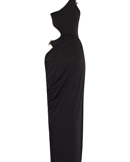 Asymmetric Cut-Out Maxi Dress with Draped Detail. - Muvin 