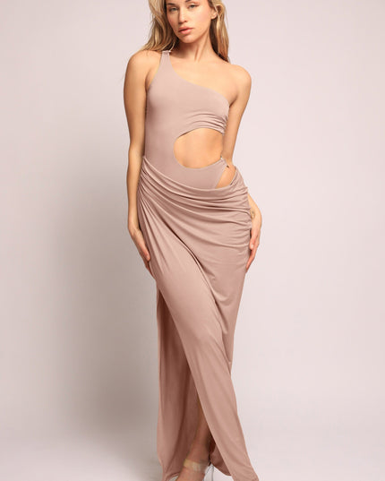 Asymmetric Cut-Out Maxi Dress with Draped Detail. - Muvin 