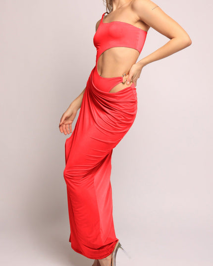 Asymmetric Cut-Out Maxi Dress with Draped Detail. - Muvin 