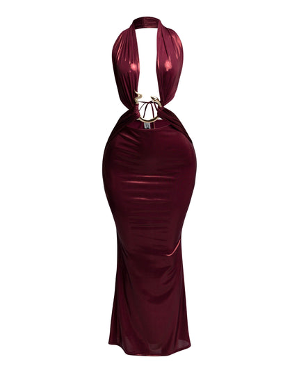 Front view of burgundy snake-trimmed halter maxi dress with plunging neckline and ruched fabric.