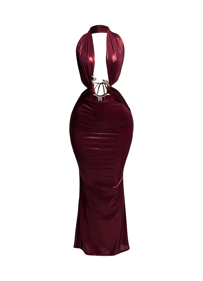 Front view of burgundy snake-trimmed halter maxi dress with plunging neckline and ruched fabric.