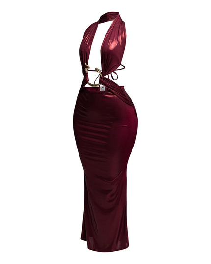 Side view of burgundy metallic maxi dress with body-hugging fit and snake trim accents.