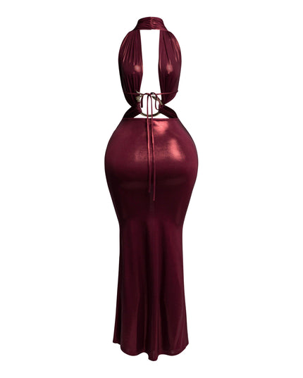 Back view of burgundy backless halter maxi dress with snake-trim detailing and tie closure.