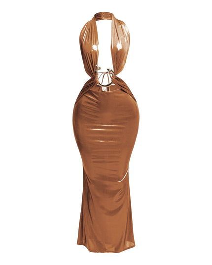 Front view of copper snake-trimmed halter maxi dress with deep neckline and body-hugging fit.