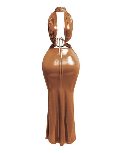 Back view of copper metallic halter maxi dress with open back, adjustable tie, and ruched design.