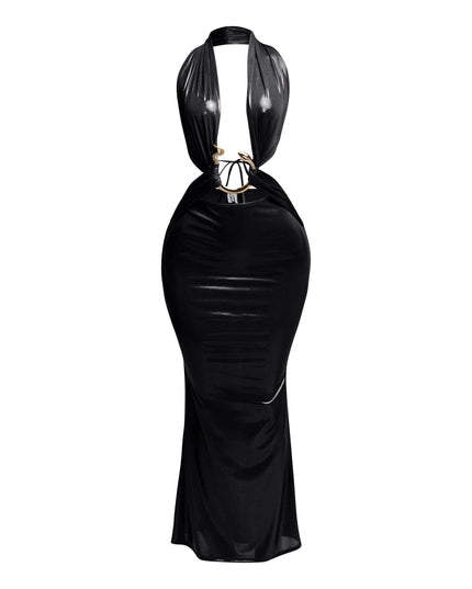 Front view of black snake-trimmed halter maxi dress with plunging neckline and ruched detailing.