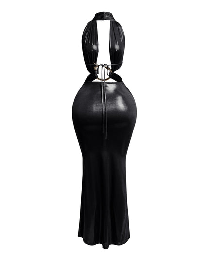 Back view of black metallic backless halter maxi dress with adjustable tie closure and snake trim.