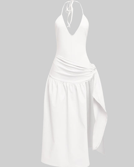 White halter midi dress with flirty side slit, built-in bodysuit, and waist wrap overlay
