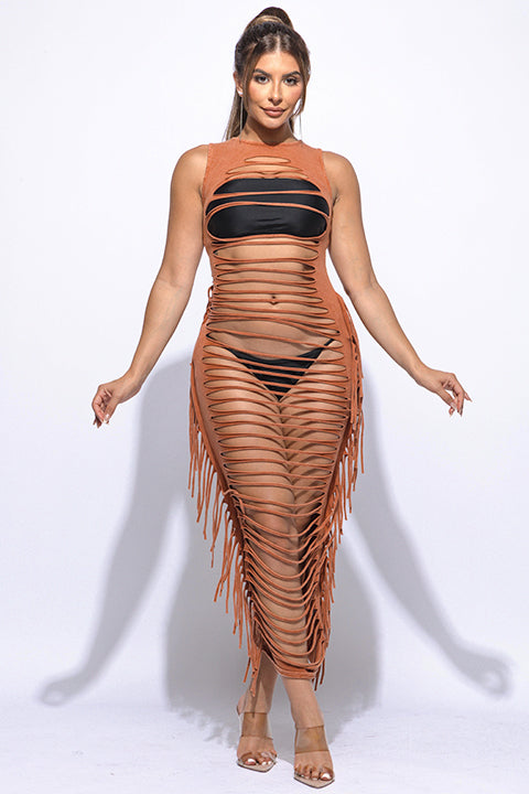Fringe cut out maxi dress - Muvin 