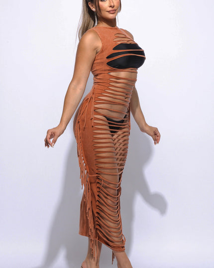 Fringe cut out maxi dress - Muvin 