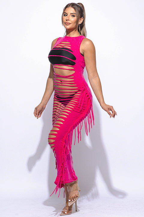 Fringe cut out maxi dress - Muvin 