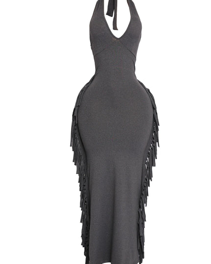 Black fringe halter maxi dress with body-hugging fit and sleek silhouette

