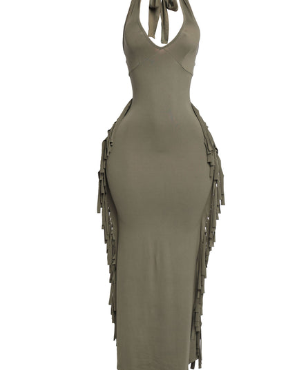 Olive green fringe maxi dress with halter cut and soft stretch finish


