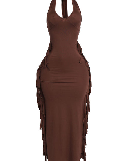 Chocolate brown halter maxi dress with fringe trim and sleek finish

