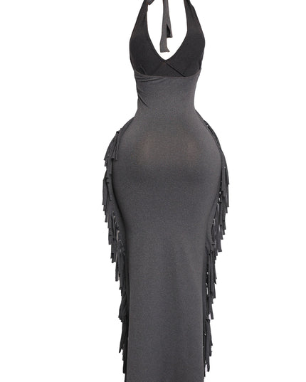 Black sleeveless halter dress with fringe side details and slim cut

