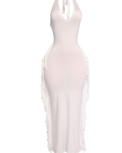White fringe halter maxi dress with sleek bodycon shape

