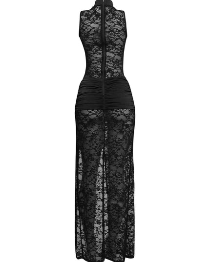 Black lace sleeveless maxi with side slit and body-hugging fit


