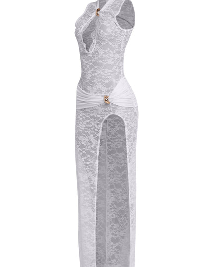 Bodycon white lace dress with slit and elegant gold hardware

