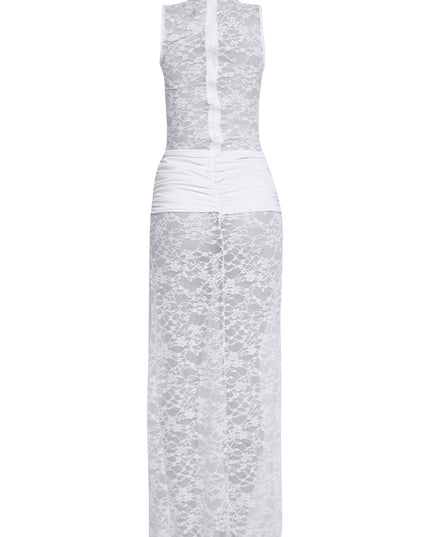 Sexy sheer white lace maxi with see-through fabric and luxe vibe

