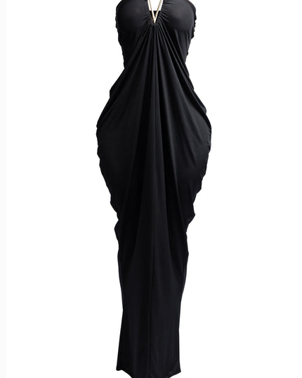 V shape trim detailed draping body strapless maxi dress - Muvin 