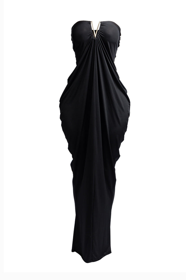 V shape trim detailed draping body strapless maxi dress - Muvin 