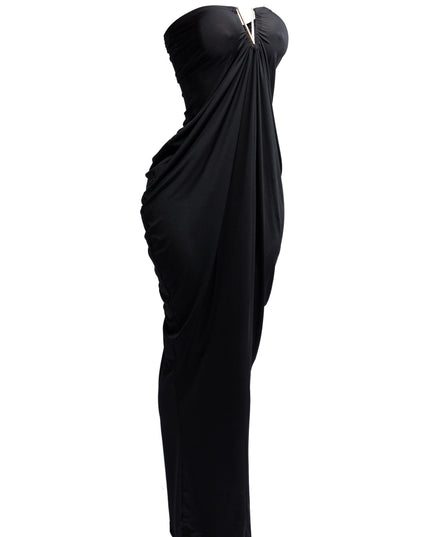 V shape trim detailed draping body strapless maxi dress - Muvin 