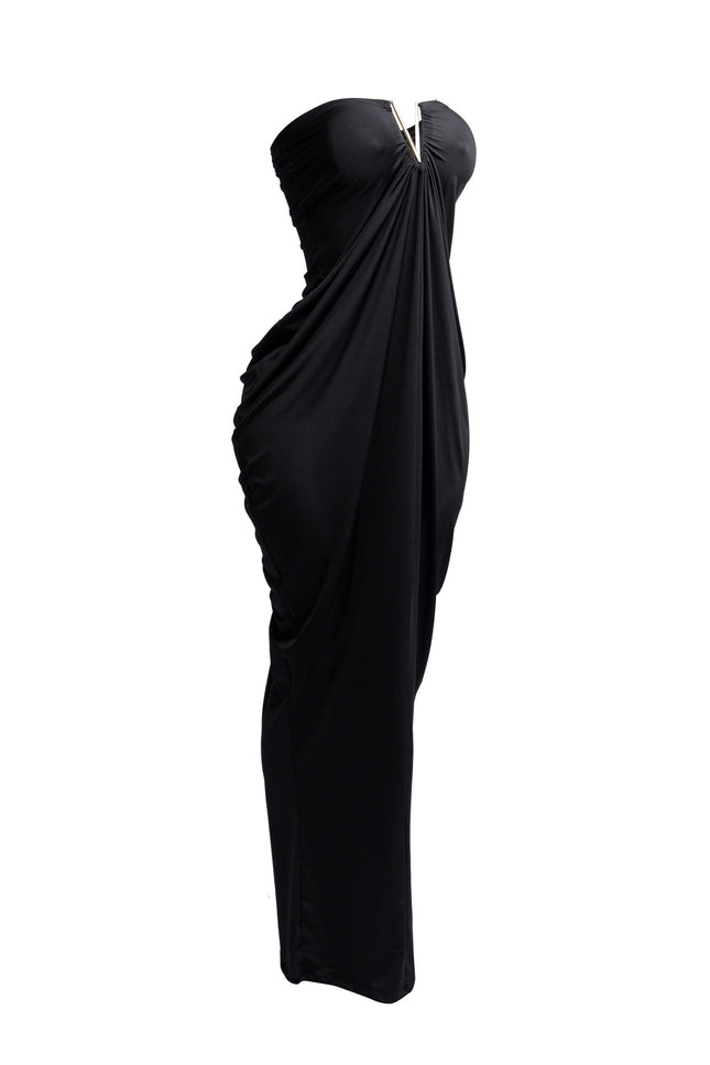 V shape trim detailed draping body strapless maxi dress - Muvin 